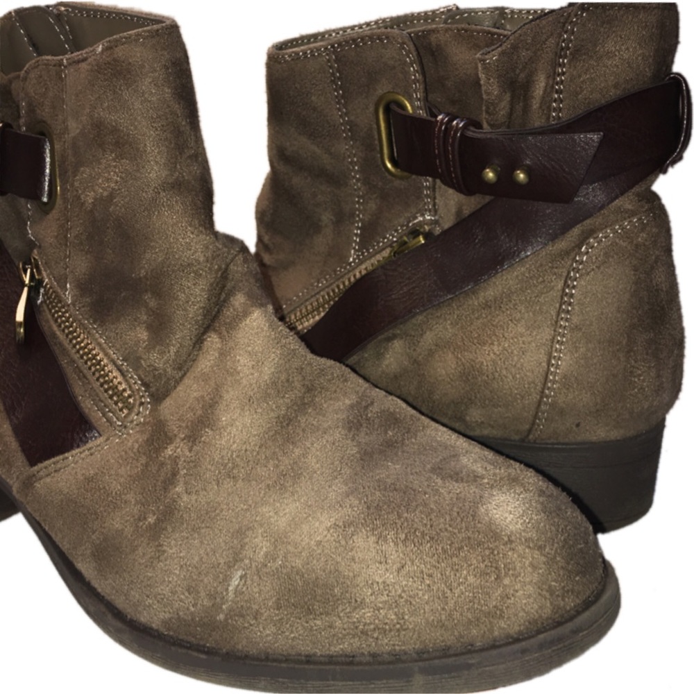 EUC brown booties with straps, buckles, and zips